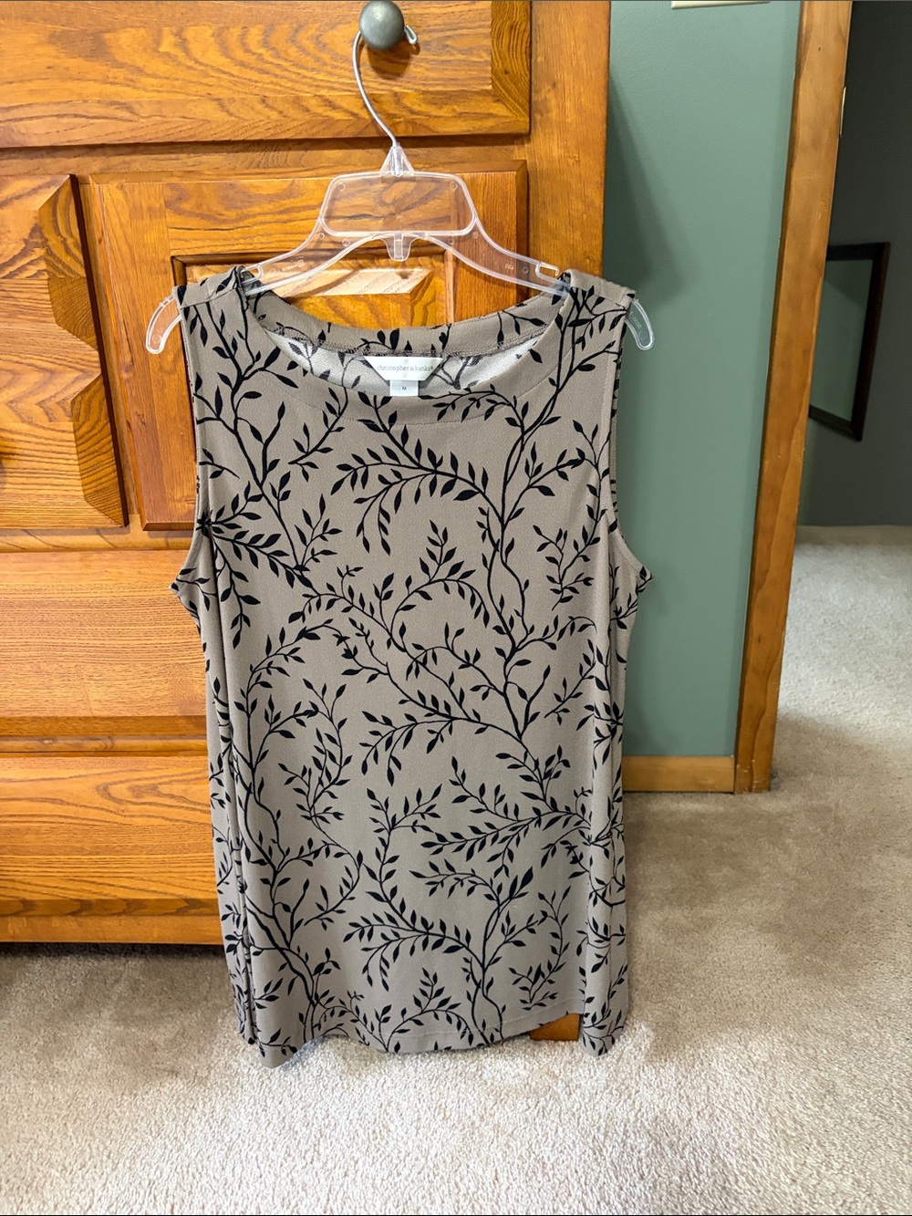 Christopher & Banks Taupe Tank Top with Black Leaf Print